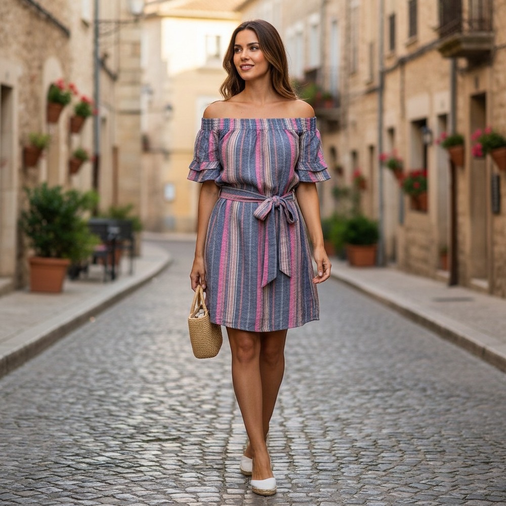 NWT New York & Company Soho Street Linen Blend Off The Shoulder Mini Dress Sz‎ M